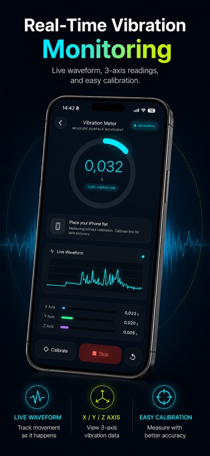 Vibration meter live waveform and 3-axis readings screen