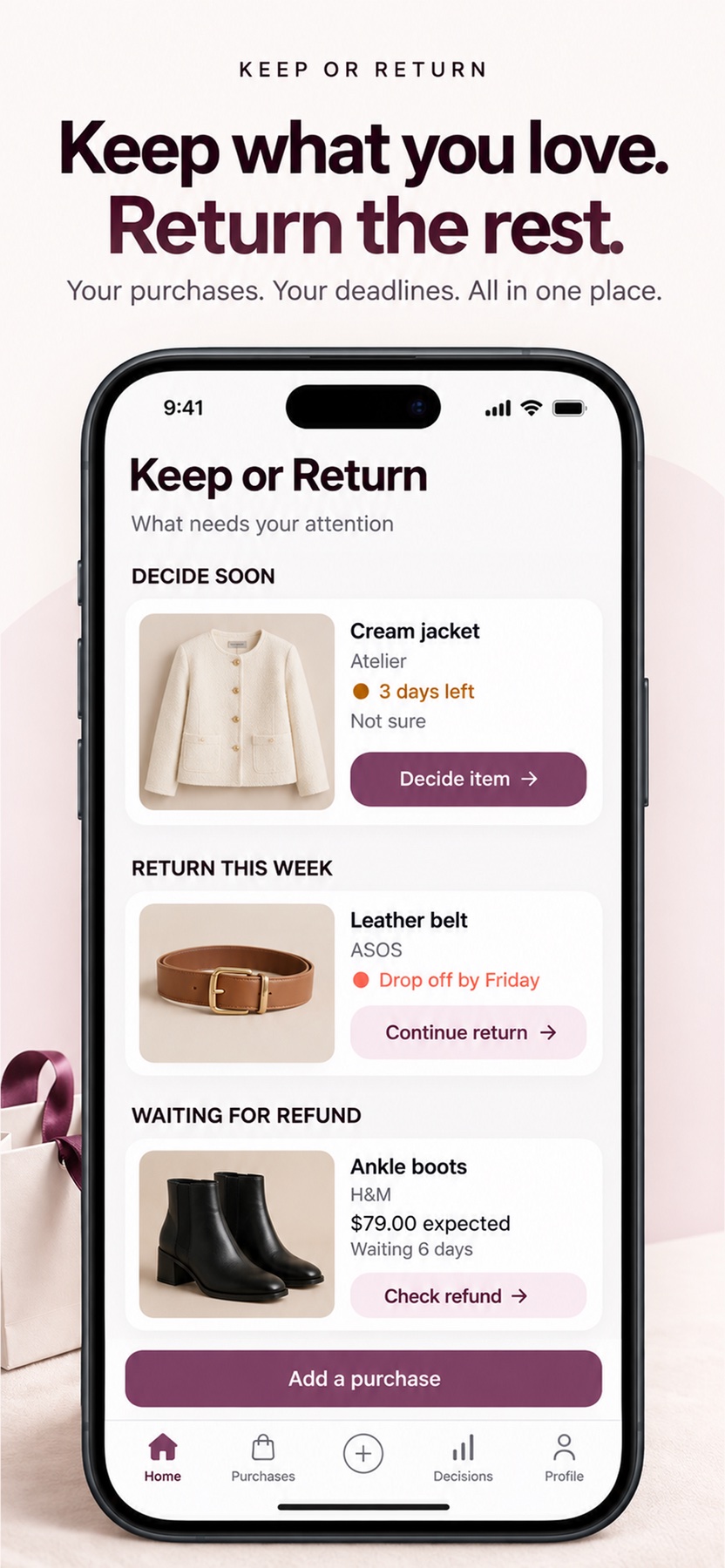 Keep or Return home showing a jacket to decide on, a belt to return, and boots awaiting a refund