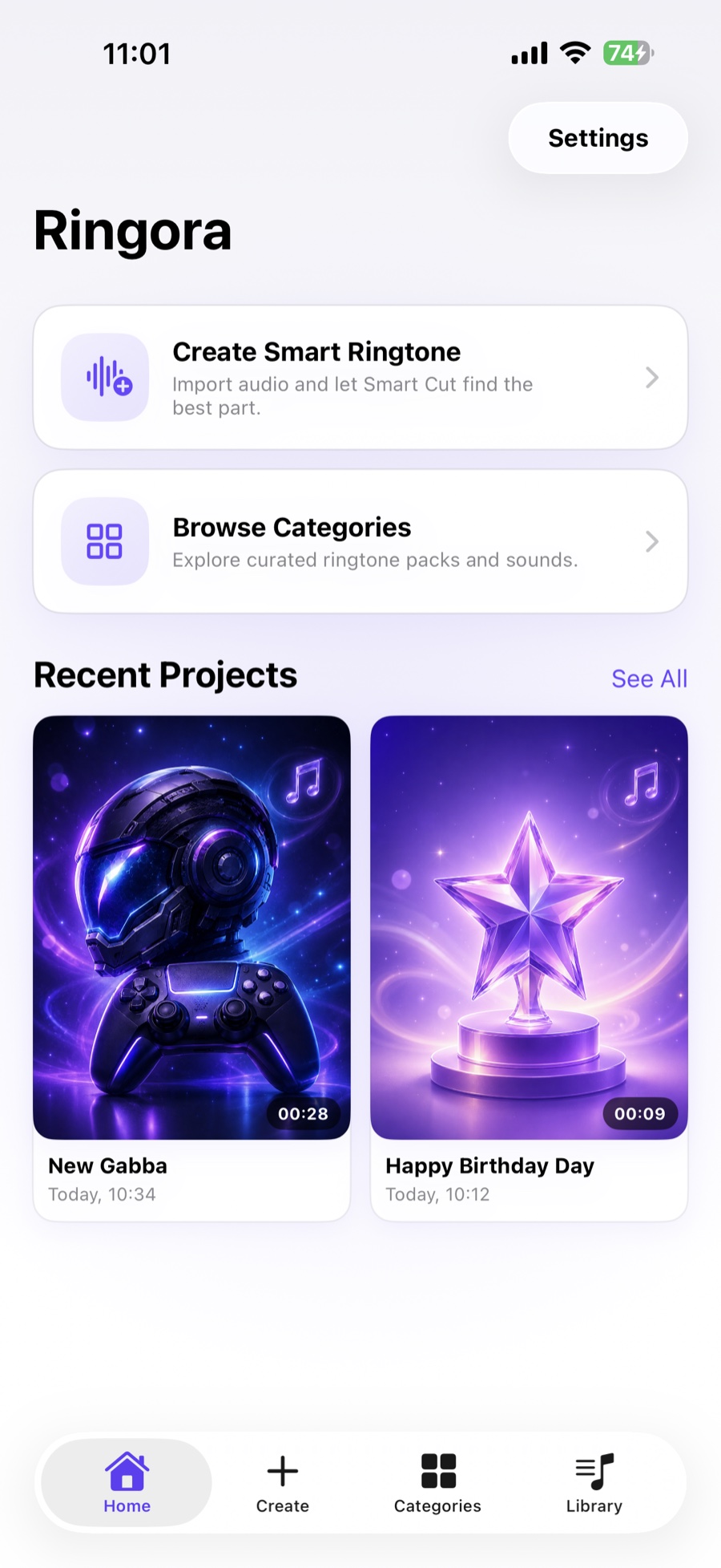 Ringora home with recent ringtone projects
