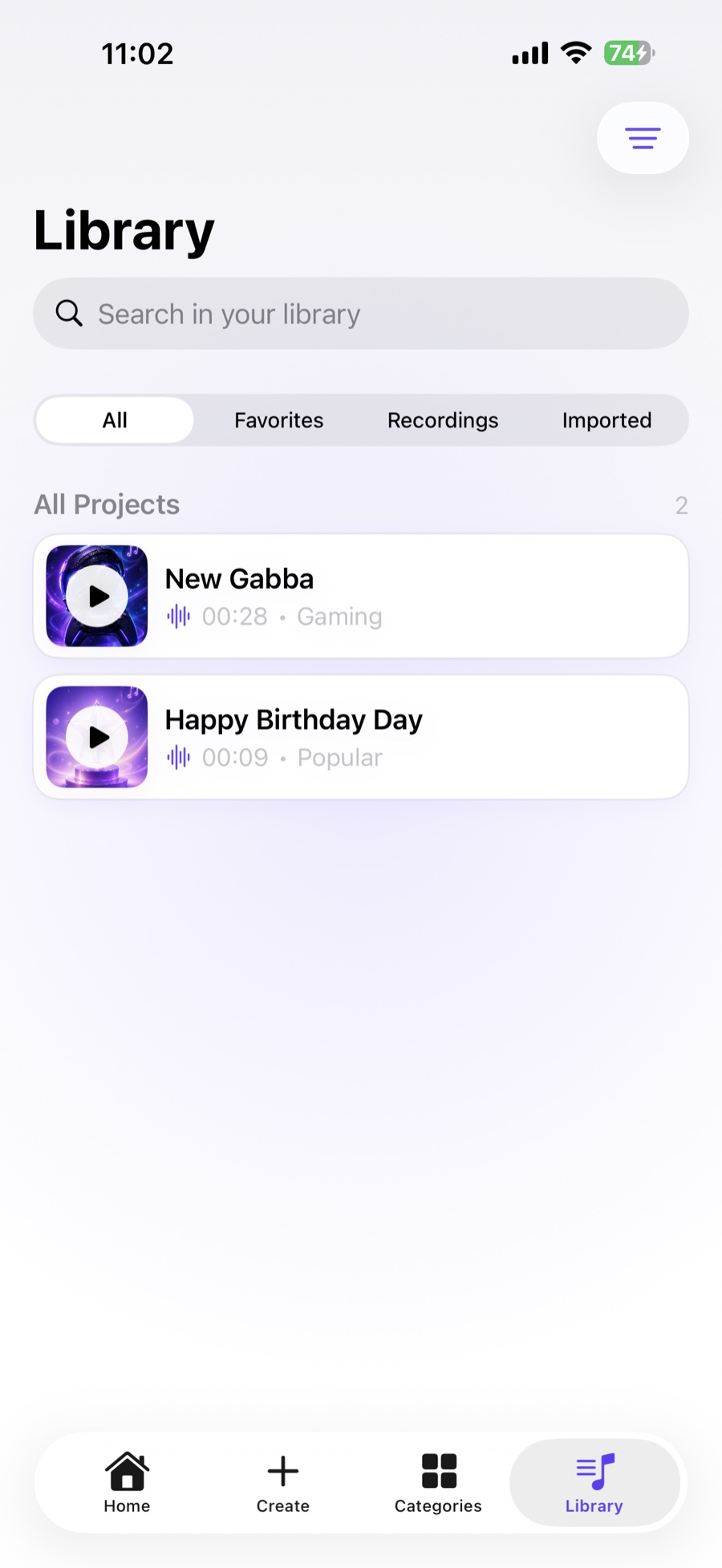 Ringora project library with search and filters