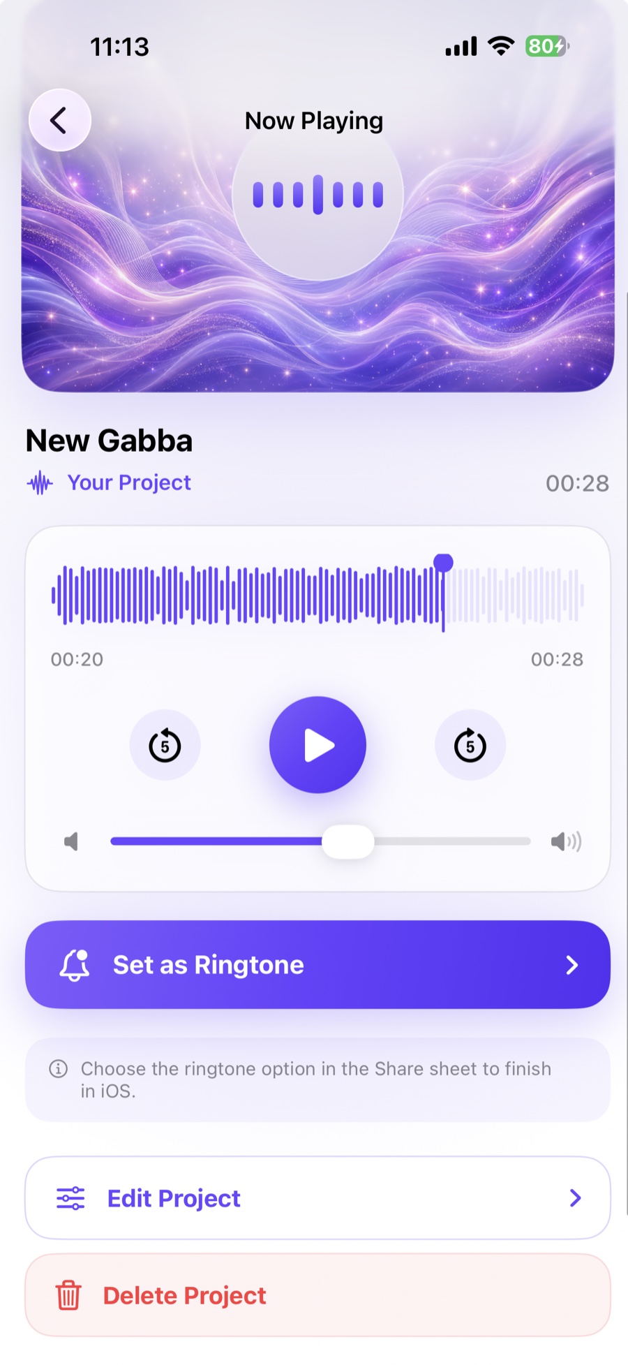 Playing a finished Ringora project and setting it as an iPhone ringtone