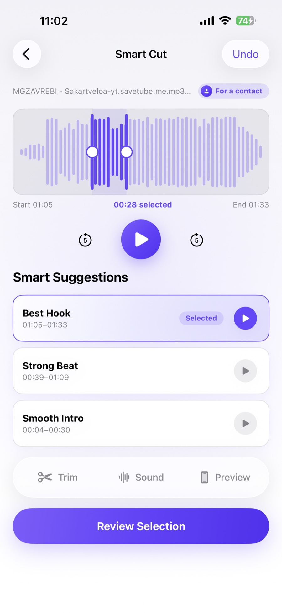 Ringora Smart Cut suggesting the best hook, strong beat, and smooth intro