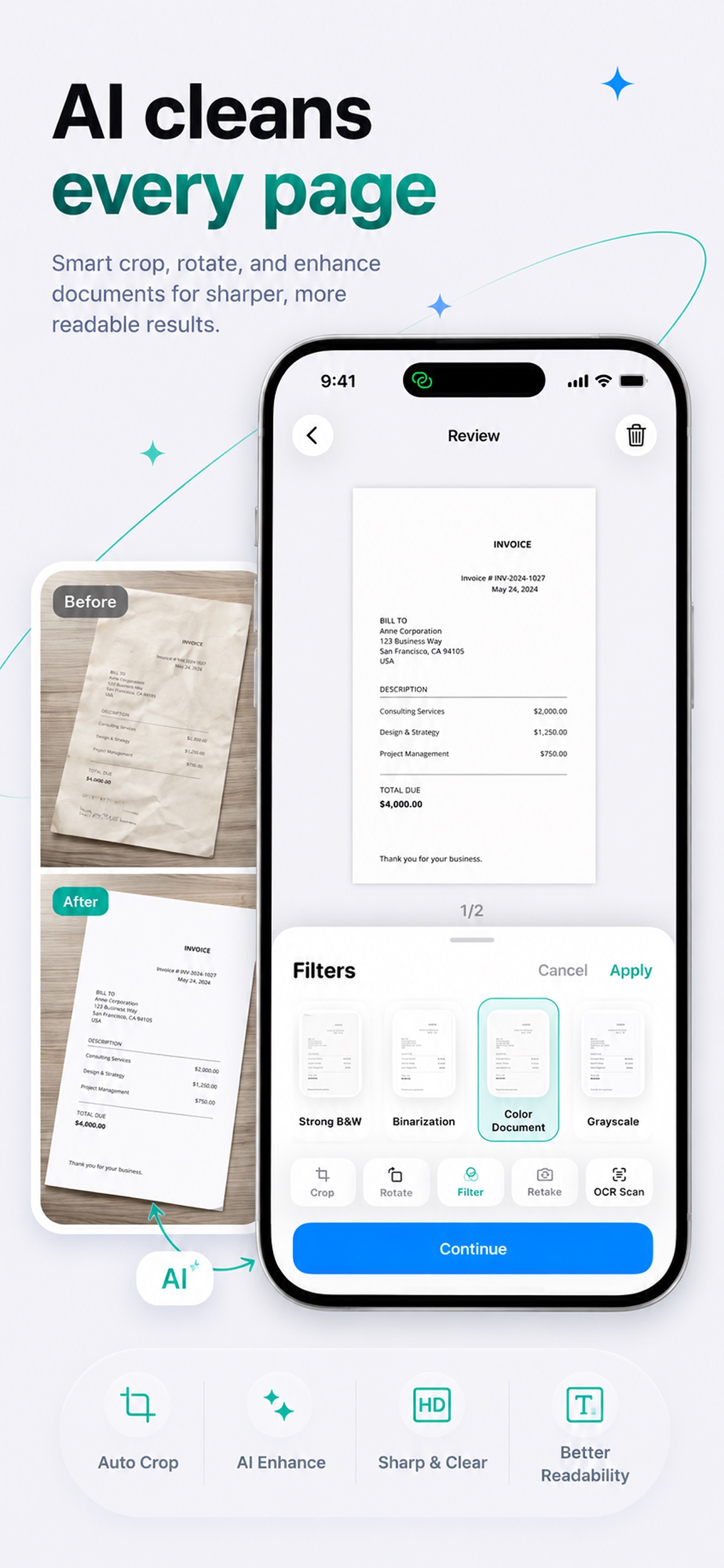 Scanora filters cleaning and improving the readability of an invoice