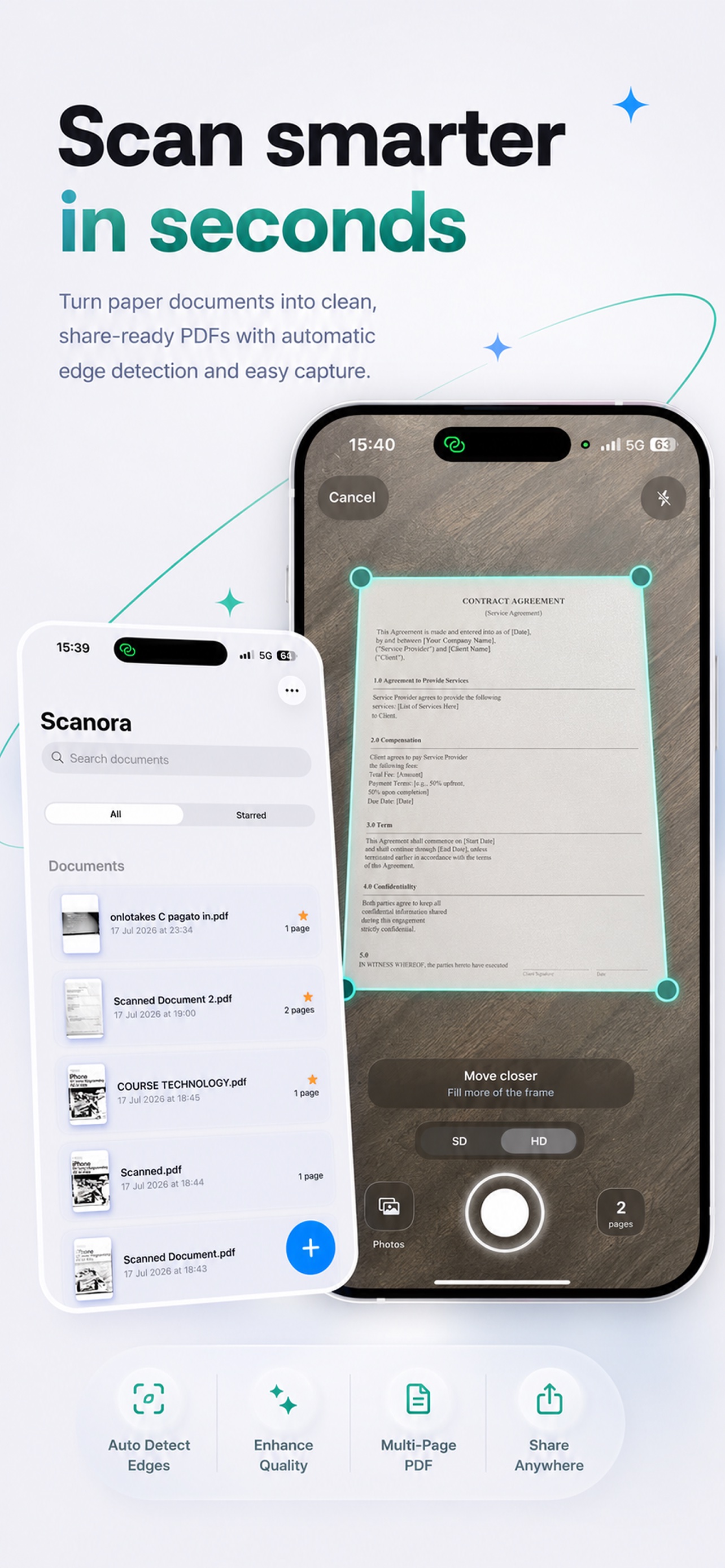 Scanora automatically finding the edges of a contract and preparing a PDF