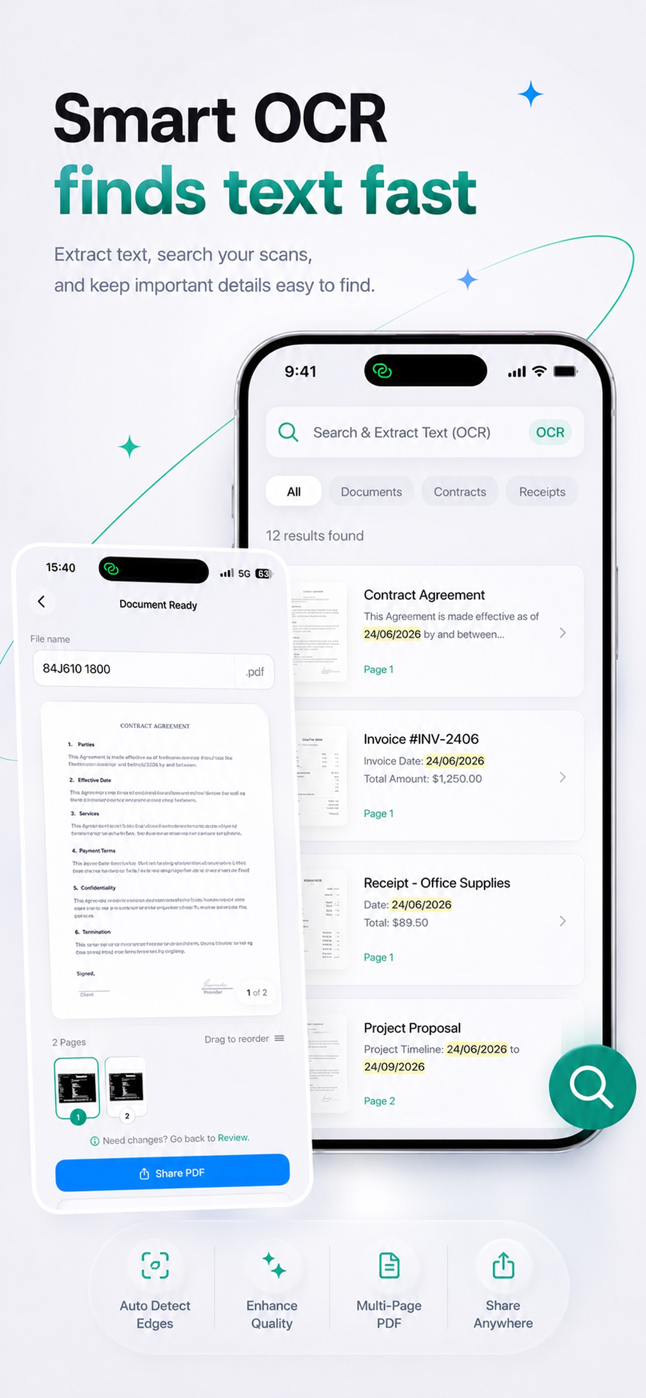 Scanora OCR search results for contracts, invoices, receipts, and proposals